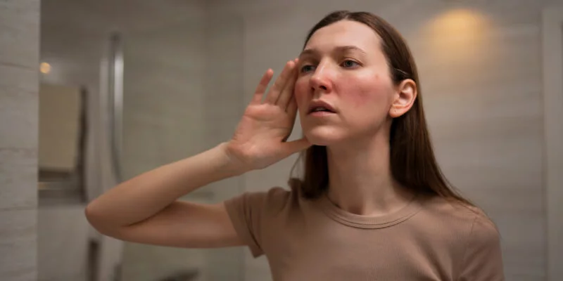 mujer con rosácea mirándose al espejo