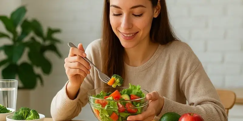mujer tomando alimentos desinflamatorios.