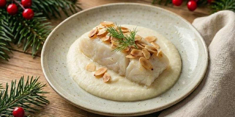 Bacalao confitado sobre crema fina de coliflor y almendras