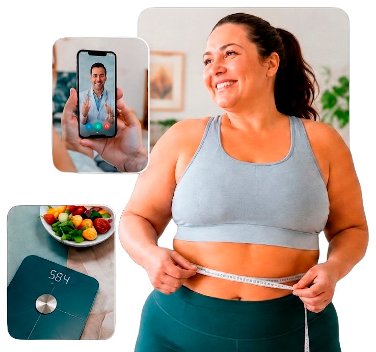 Mujer sonriente midiéndose la cintura junto a un móvil con una videoconsulta médica