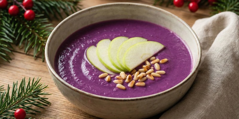 Crema de lombarda con manzana y piñones
