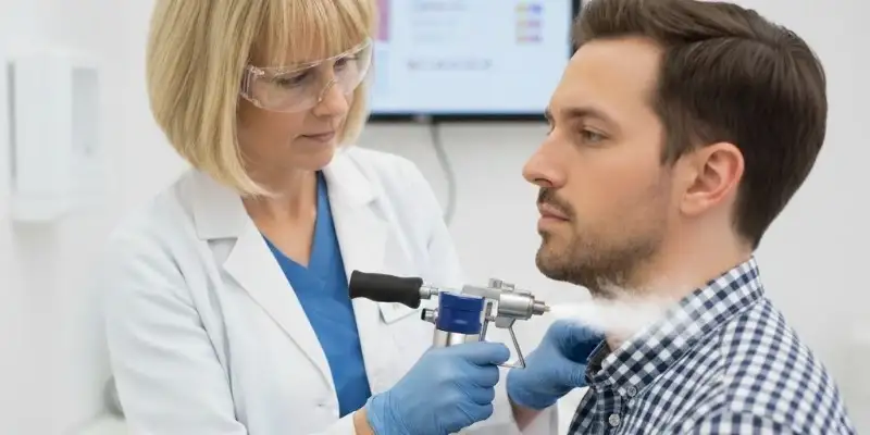 dermatóloga con paciente crioterapia