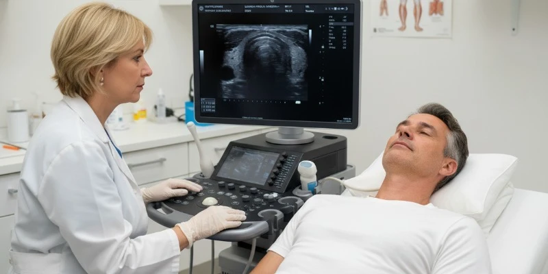 persona con ecografía de tiroides