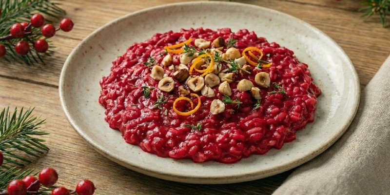 Risotto cremoso de remolacha asada y avellanas